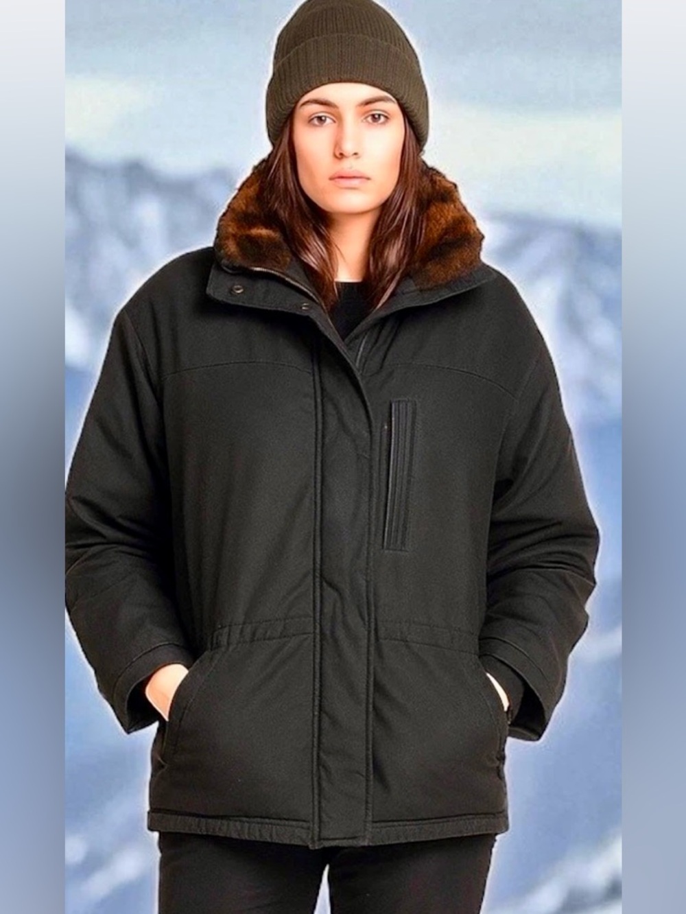 Lauren Ralph Lauren Black Faux Fur Collar Down Parka Anorak Ski Jacket Size M